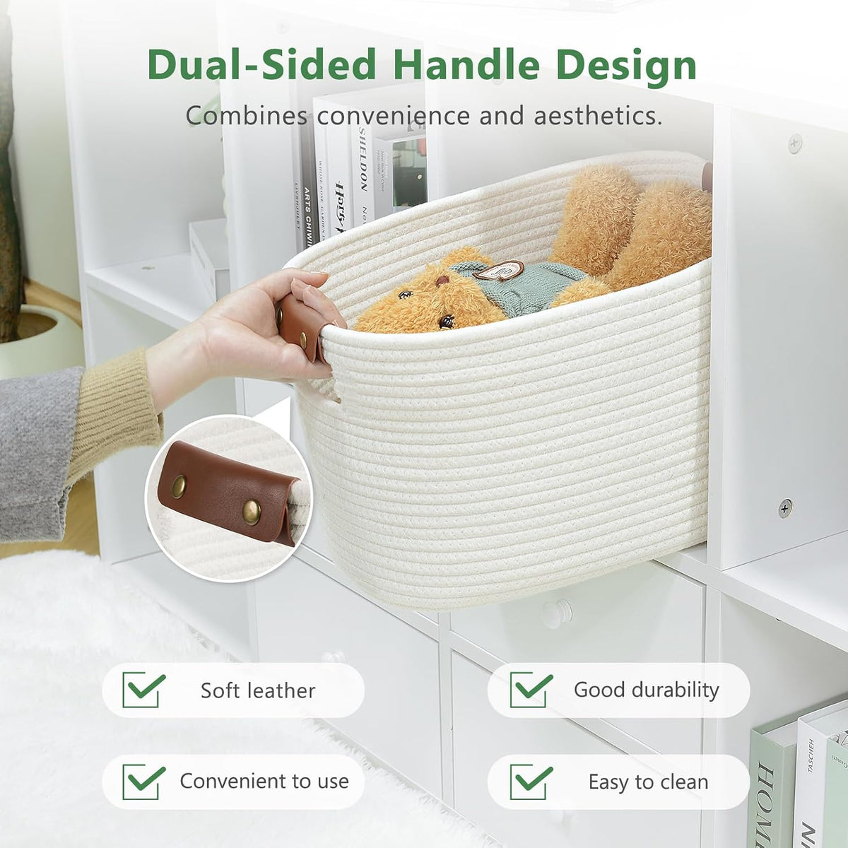 ECDYQXVU 15x10x9 Woven Cotton Rope Storage Basket, Leather Handles 1 Pack