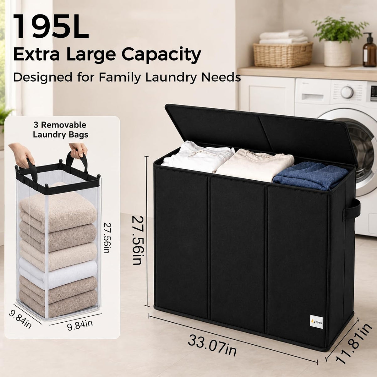 UFORU 195L Laundry Hamper with Lid, 3-Section Sorter for Bedroom & Dorm
