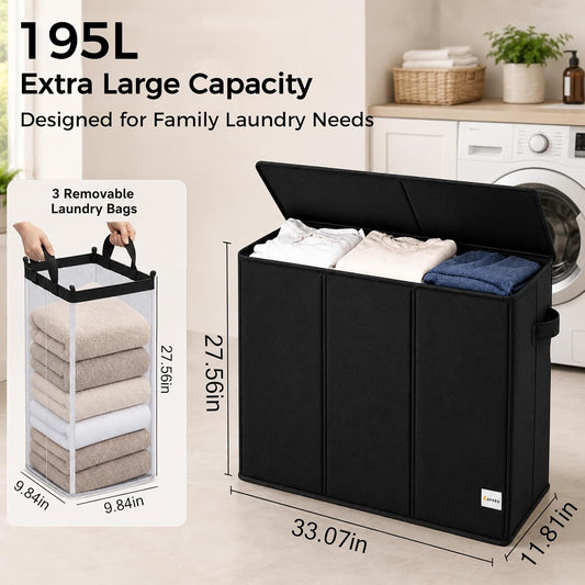 UFORU 195L Laundry Hamper with Lid, 3-Section Sorter for Bedroom & Dorm
