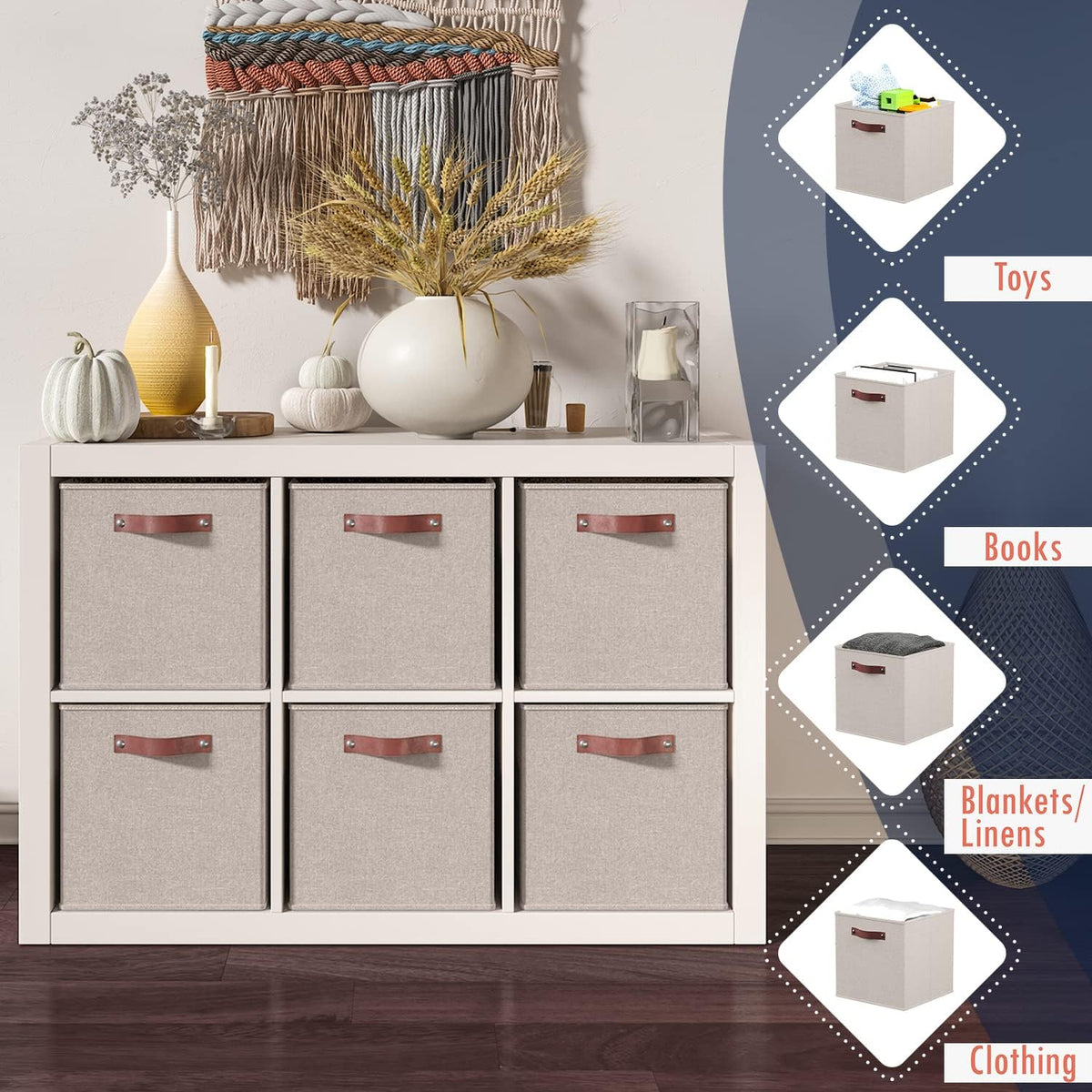 Ornavo Home 13x13 Foldable Fabric Storage Cube Bins, 6 Pack, Beige
