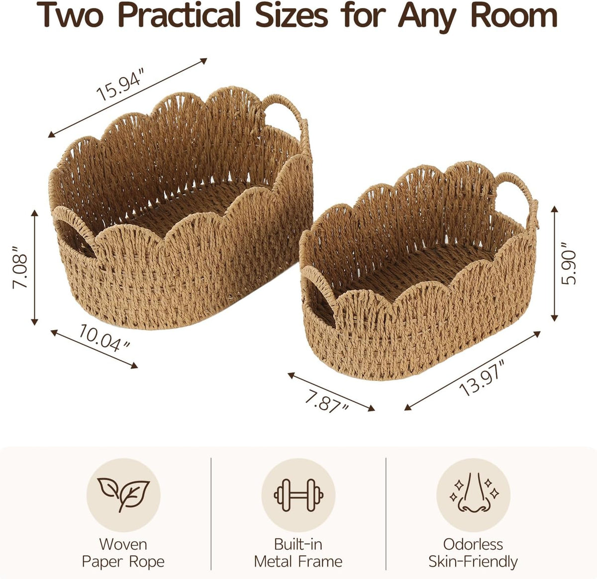 Endymion Set of 2 Paper Rope Scalloped Basket, Wicker Storage Baskets