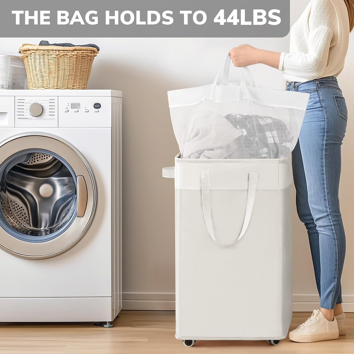 Goodpick 75L Laudnry Basket with Wheels & Removable Wash Bag for Dorm