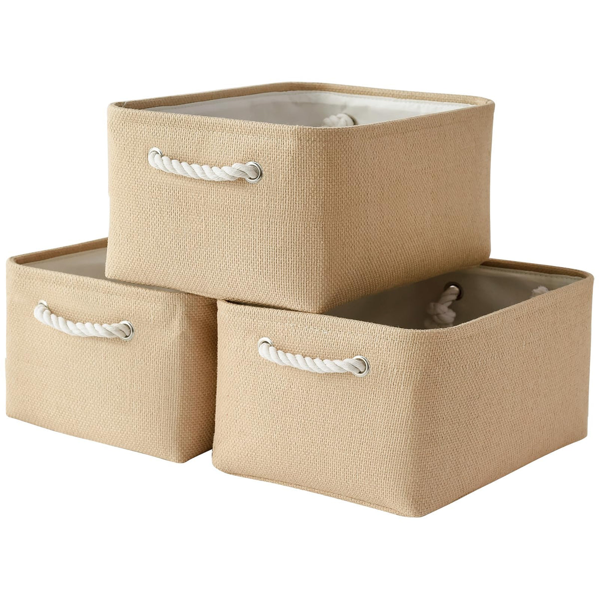 TheWarmHome Storage Basket for Organizing - 14x10x7 inch Medium 3 Pack Collapsible Storage Bin for Shelves with Handles, Canves Storage Box for Organizer Cubes Cloth Gift Toy Closet (White & Khaki)