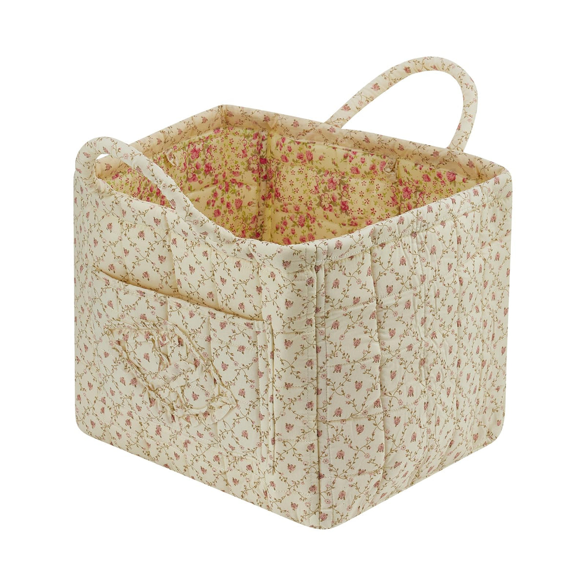Boho Fabric Storage Basket Quilted Floral Print Baskets Organizer Bin with Handles for Home, Picnic, Shopping (Pink, L)
