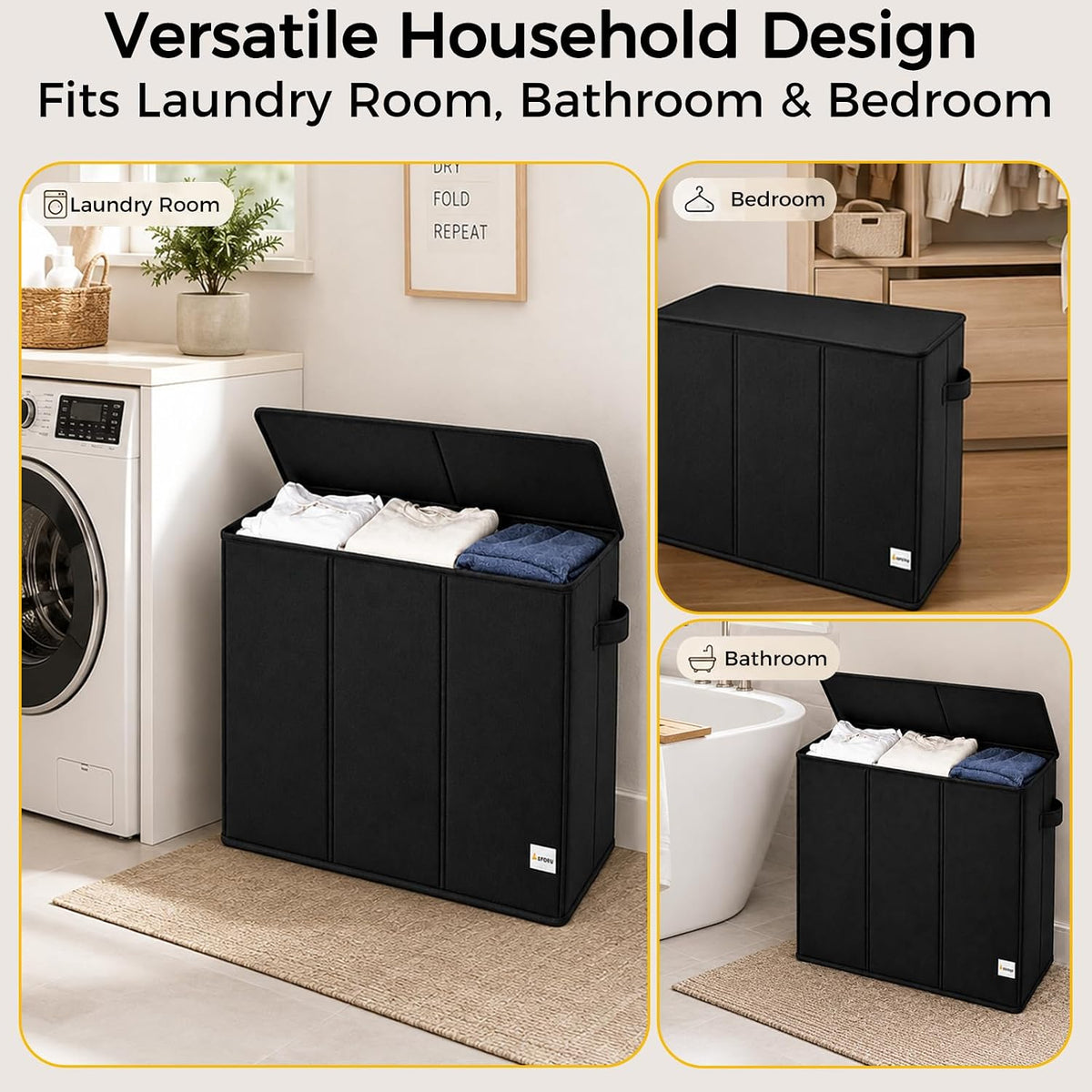 UFORU 195L Laundry Hamper with Lid, 3-Section Sorter for Bedroom & Dorm
