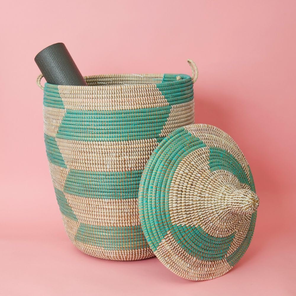 Large Wicker Basket for Storage, Colorful Round African Woven Basket, 18" W x 30" H