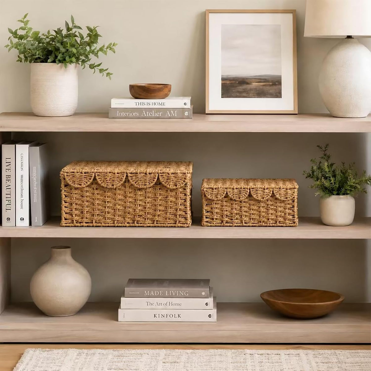 Set of 2 Scalloped Wicker Basket with Lid, Paper Rope Baskets for Shelves