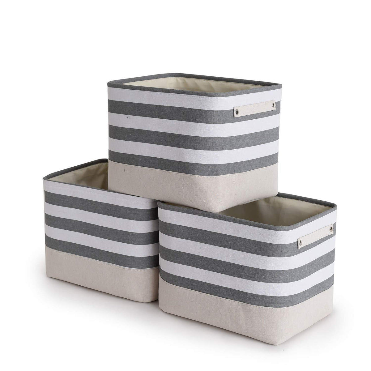 TheWarmHome Storage Basket for Organizing - 14x10x7 inch Medium 3 Pack Collapsible Storage Bin for Shelves with Handles, Canves Storage Box for Organizer Cubes Cloth Gift Toy Closet (White & Khaki)