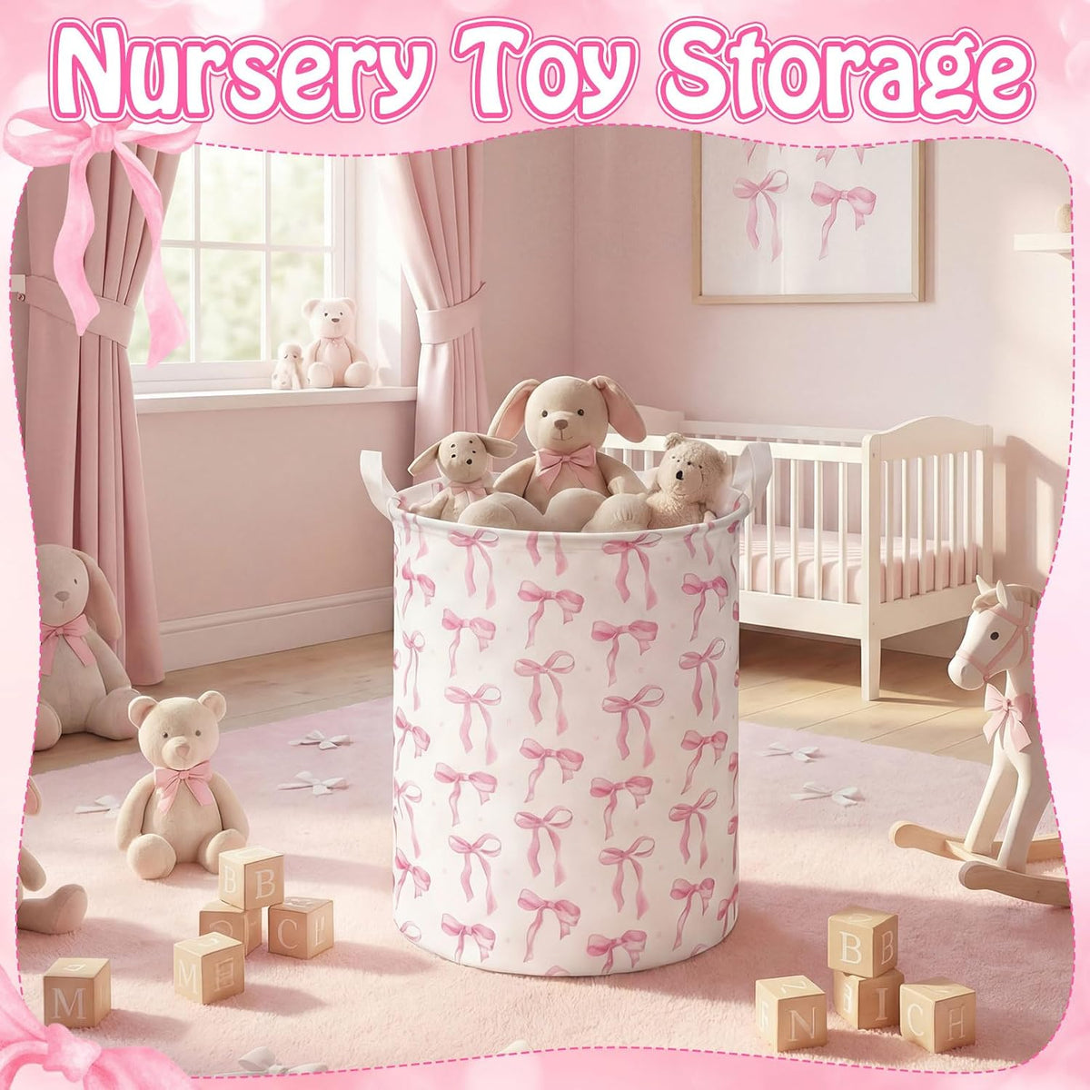 CroBlissful 1 Pcs Coquette Pink Bow Laundry Basket Pink Bow Nursery Laundry Basket Hamper Waterproof Collapsible Storage Bin Organizer for Bedroom Bathroom Room Dorm Clothes Toys