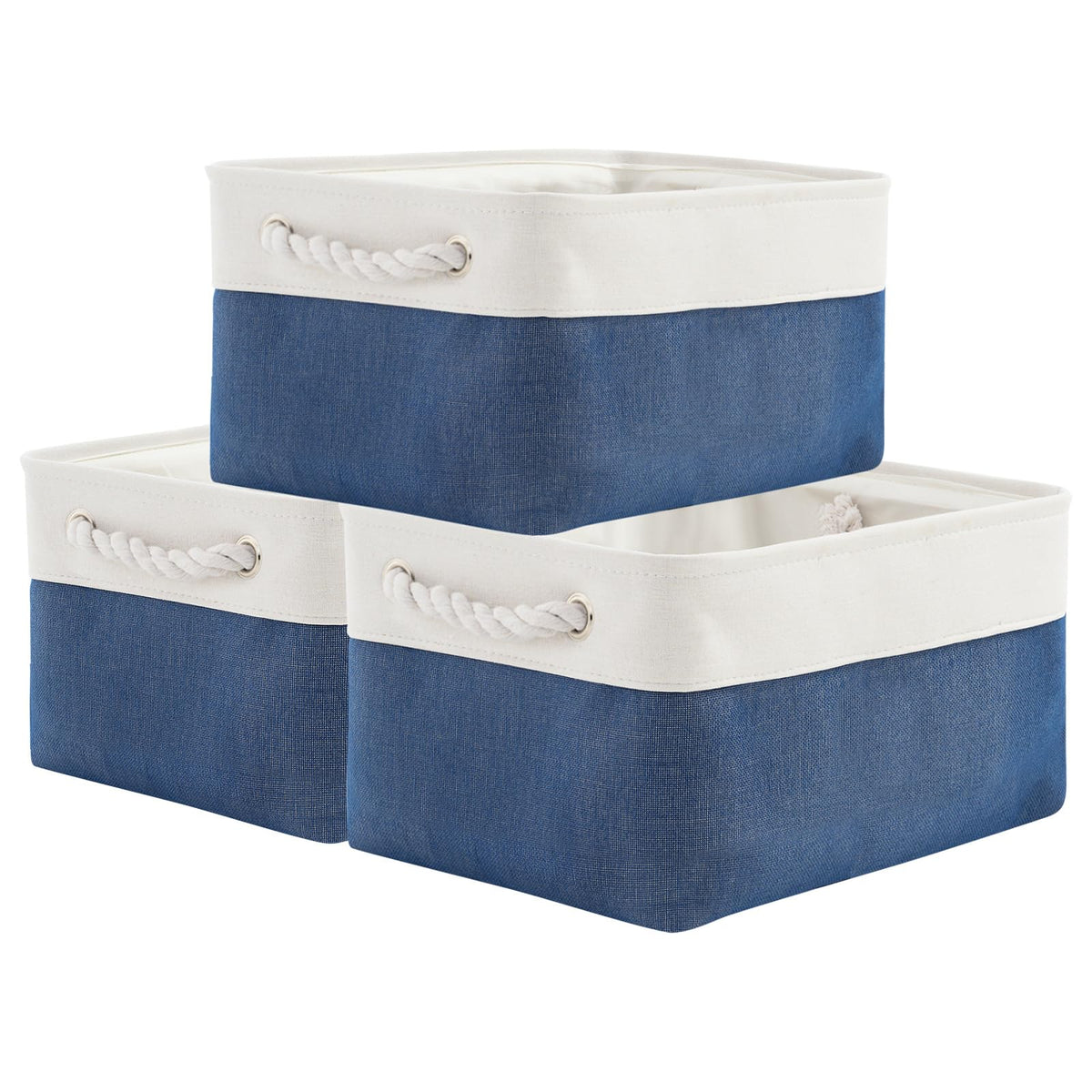 TheWarmHome Storage Basket for Organizing - 14x10x7 inch Medium 3 Pack Collapsible Storage Bin for Shelves with Handles, Canves Storage Box for Organizer Cubes Cloth Gift Toy Closet (White & Khaki)