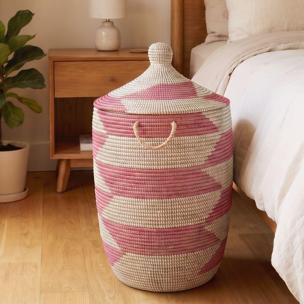 Large Wicker Basket for Storage, Colorful Round African Woven Basket, 18" W x 30" H