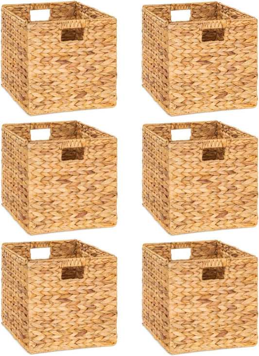 M4DECOR 10.5 x 10.5in Wicker Storage Baskets for Shelves, Water Hyacinth Storage Baskets, Woven Baskets for Storage, Wicker Storage Basket for Bedroom, Living Room (6 Packs 10.5x10.5in)