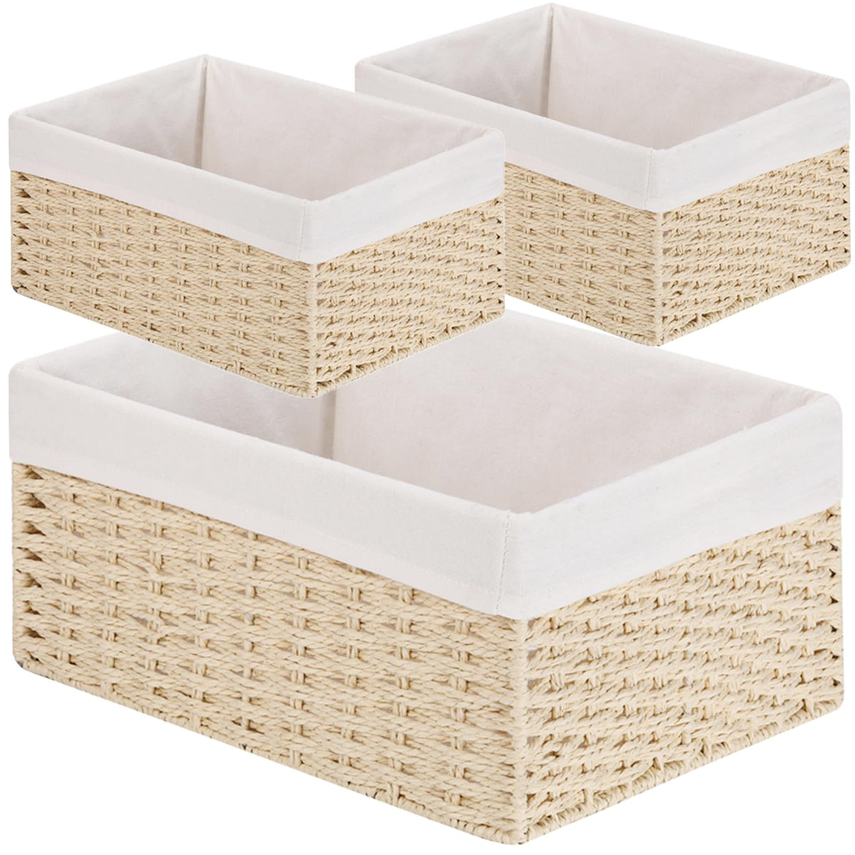 Vagusicc Wicker Storage Basket, 3-Pack Woven Paper Rope Wicker Baskets with Handles, Large Wicker Basket Cube Storage Bins with Liners, Storage Baskets for Organizing Shelves & Decor, Natural