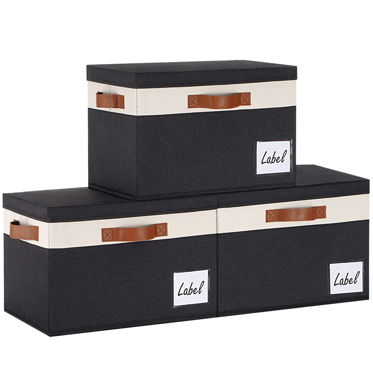 Large Storage Bins with Lids, Foldable Fabric Storage Baskets with Lids, Sturdy Storage Boxes with Labels and 3 PU Handles for Closet Home Bedroom Office (26L, 3 Packs, Grey&Black)