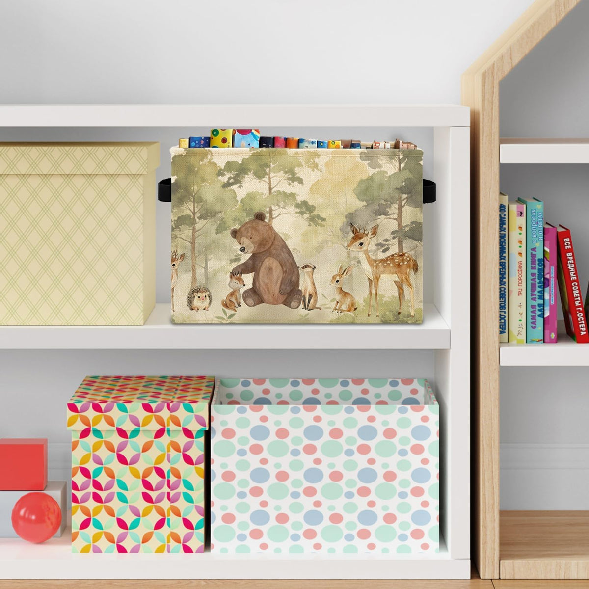 Forest Animal Nursery Storage Bins Box with Handles, Bear Deer Fox Bunny Woods Animal Laundry Basket Hamper Collapsible Clothes Toys Organizer for Toddler Kids Room Playroom