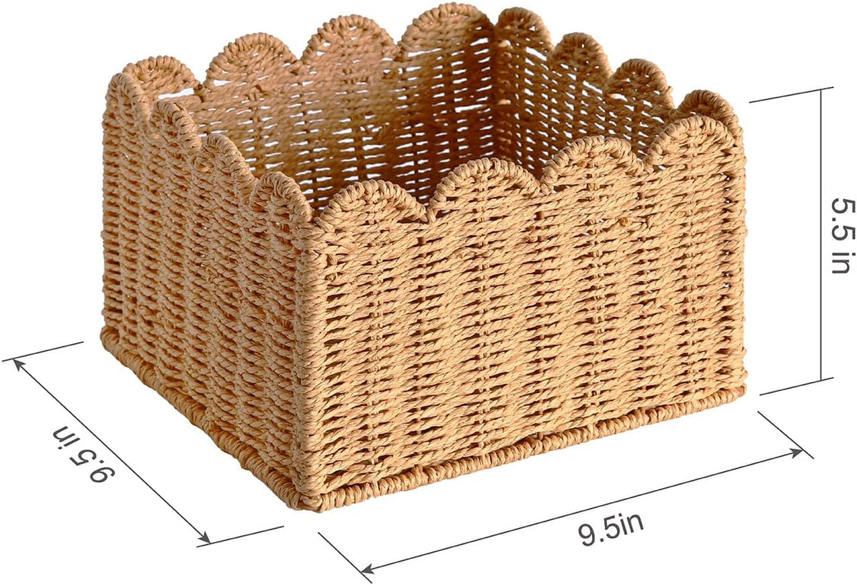 Scalloped Basket, Wicker Storage Baskets, Hand Woven Baskets for Shelves,Natural Baskets for Organizing (S+M)