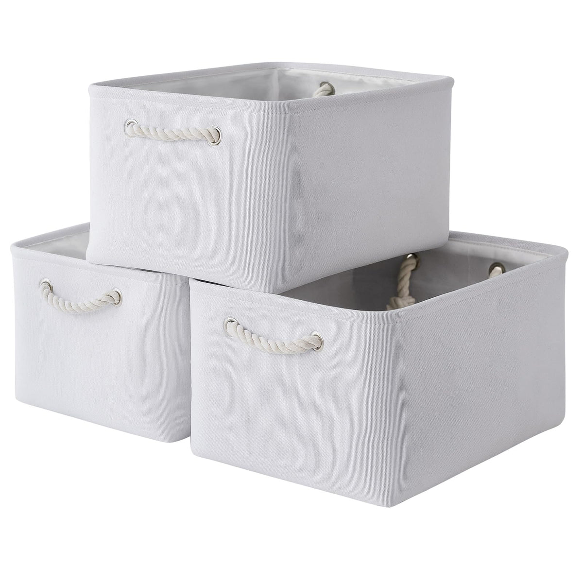TheWarmHome Storage Basket for Organizing - 14x10x7 inch Medium 3 Pack Collapsible Storage Bin for Shelves with Handles, Canves Storage Box for Organizer Cubes Cloth Gift Toy Closet (White & Khaki)