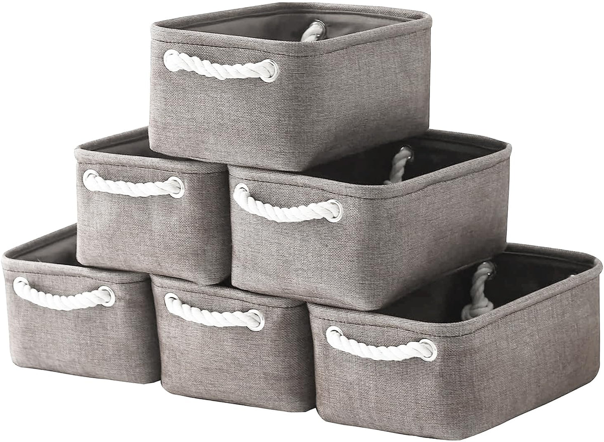 TheWarmHome Storage Basket for Organizing - 14x10x7 inch Medium 3 Pack Collapsible Storage Bin for Shelves with Handles, Canves Storage Box for Organizer Cubes Cloth Gift Toy Closet (White & Khaki)