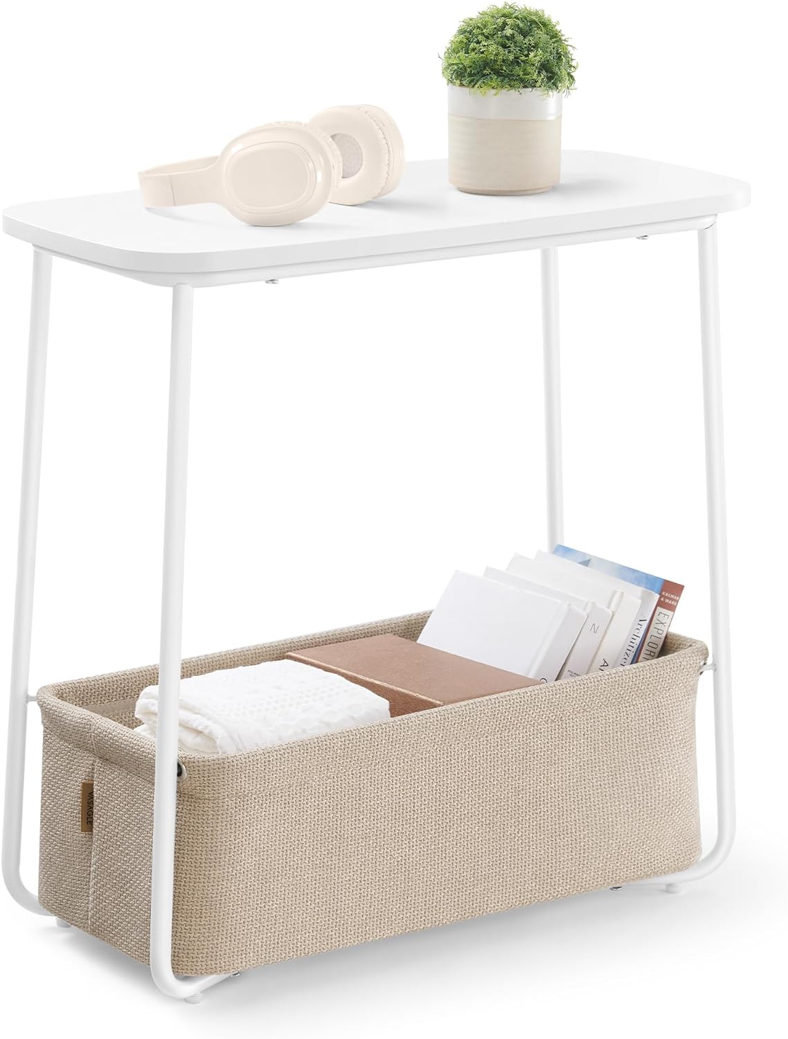VASAGLE Small Rectangular Side End Table, Nightstand with Fabric Basket