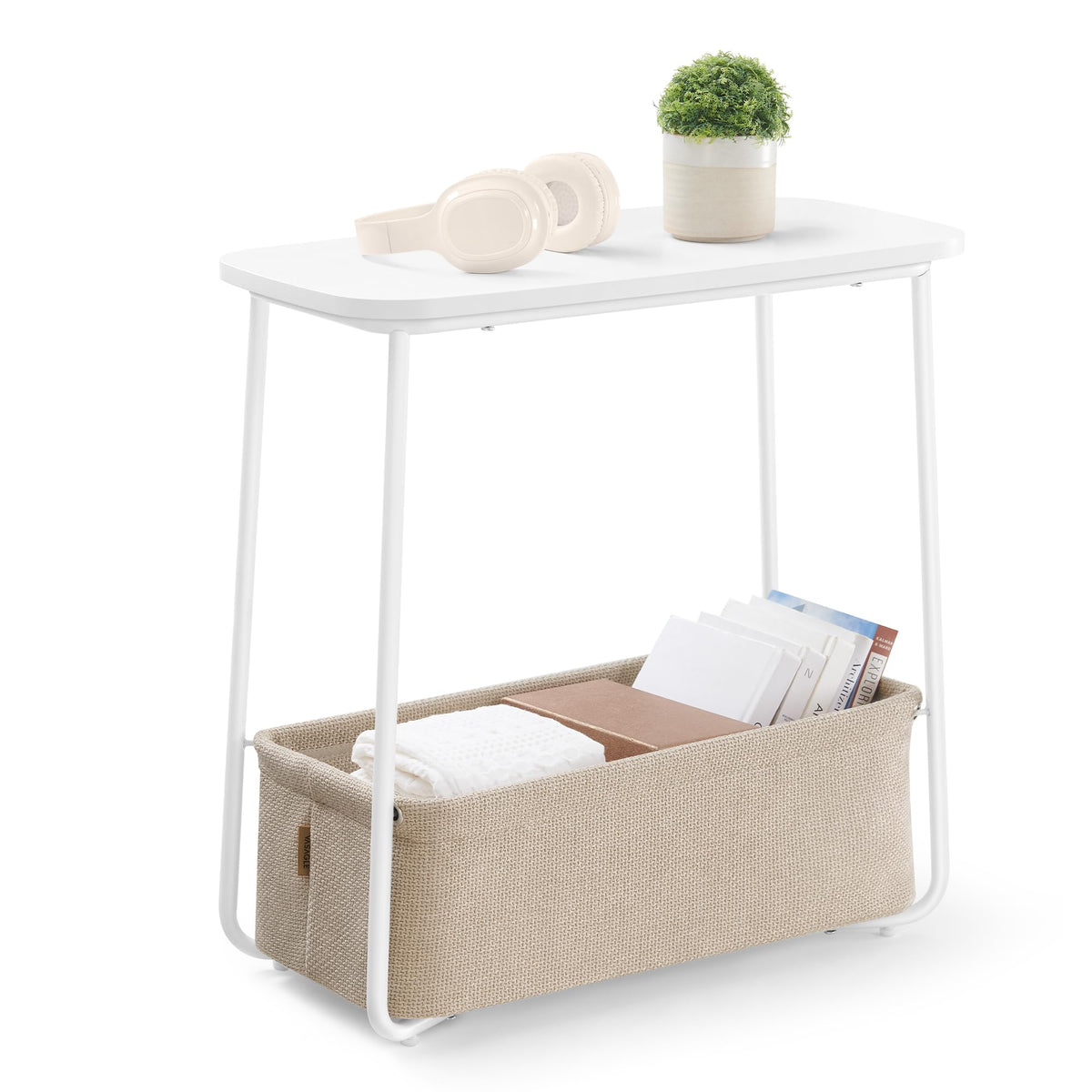VASAGLE Small Rectangular Side End Table, Nightstand with Fabric Basket