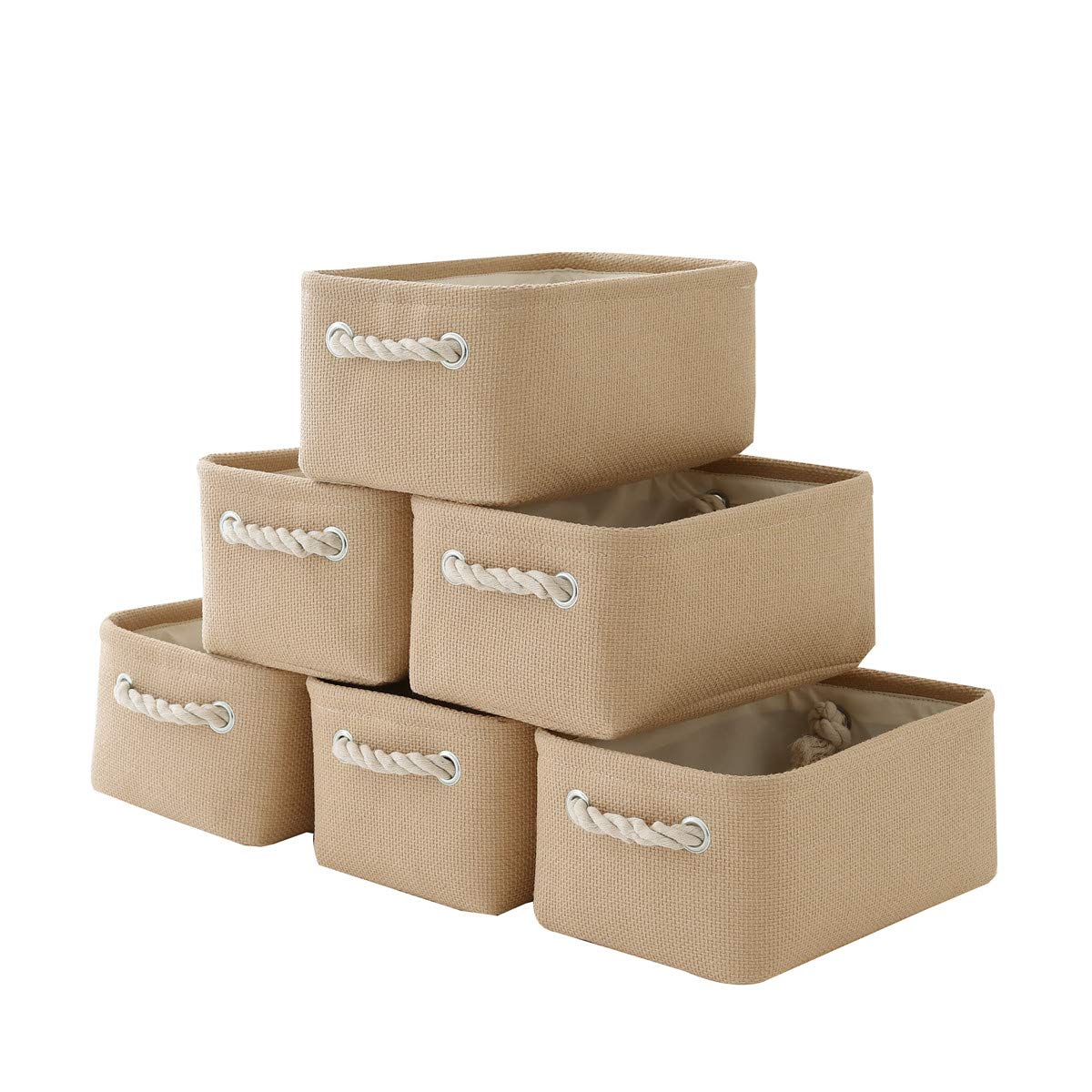 TheWarmHome Storage Basket for Organizing - 14x10x7 inch Medium 3 Pack Collapsible Storage Bin for Shelves with Handles, Canves Storage Box for Organizer Cubes Cloth Gift Toy Closet (White & Khaki)