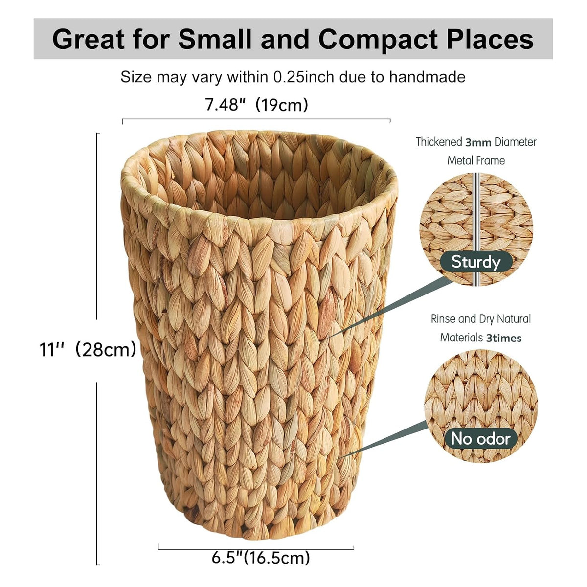 Coeusy Wicker Trash Can,Small Bathroom Trash Can,Water Hyacinth Wicker Waste Basket for Bathroom,Boho Waste Basket for Bedroom,Home Office,Compact Spaces(2 Gallon Round)