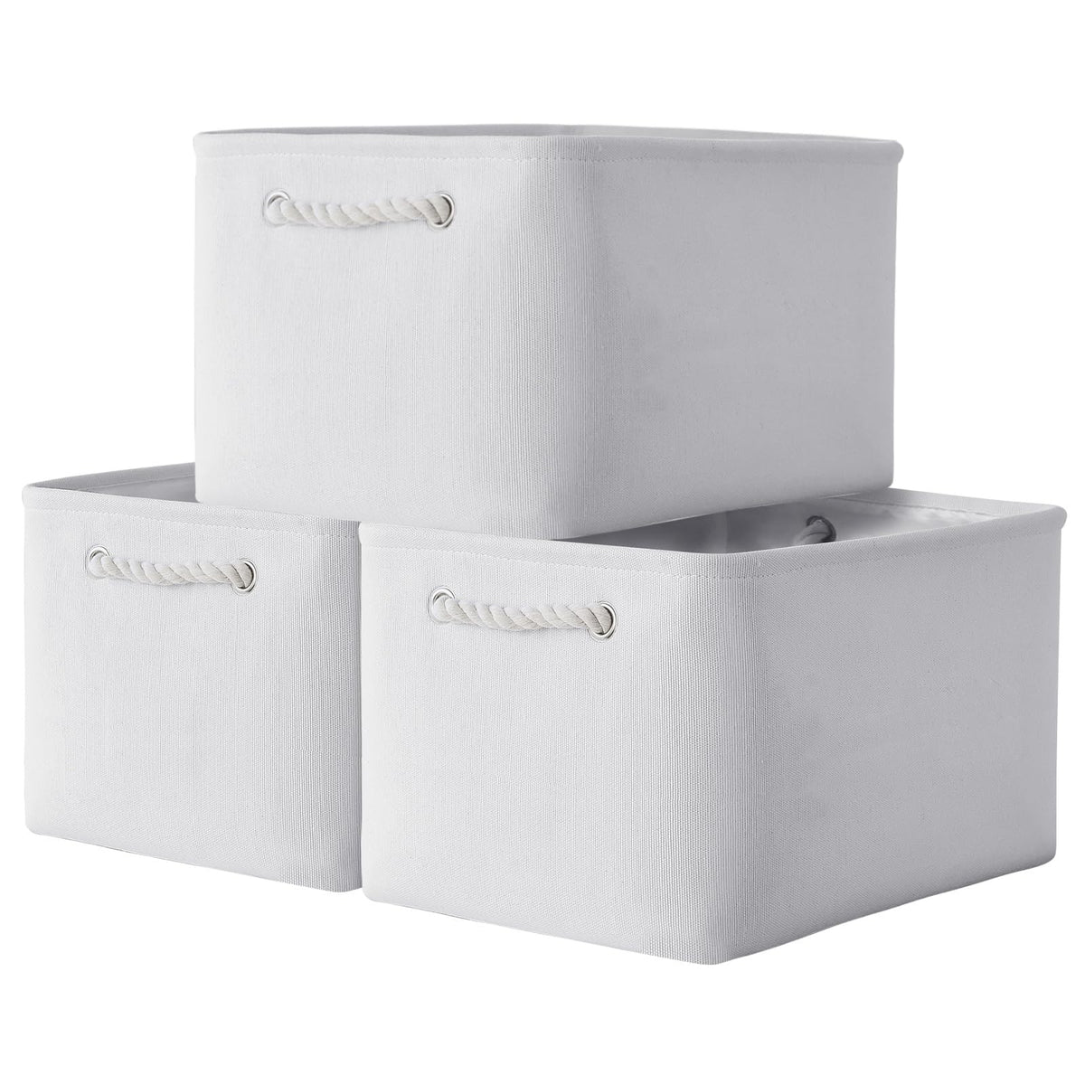 TheWarmHome Storage Basket for Organizing - 14x10x7 inch Medium 3 Pack Collapsible Storage Bin for Shelves with Handles, Canves Storage Box for Organizer Cubes Cloth Gift Toy Closet (White & Khaki)