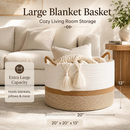 KAKAMAY Large Blanket Basket with Handles, Storage Basket for Living Room