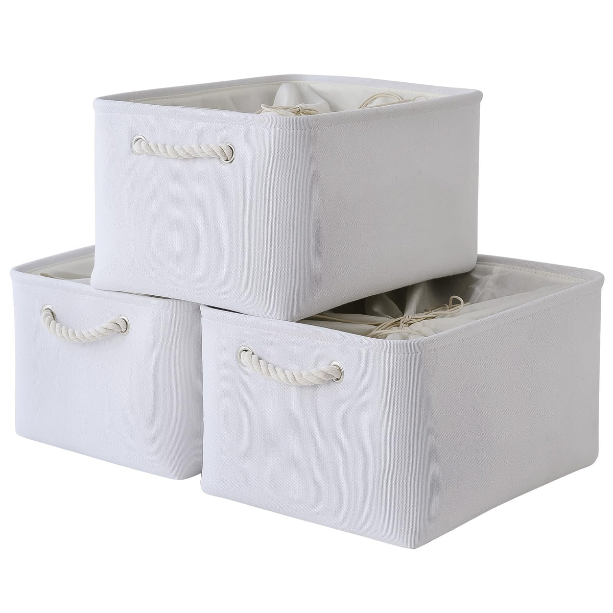 TheWarmHome Storage Basket for Organizing - 14x10x7 inch Medium 3 Pack Collapsible Storage Bin for Shelves with Handles, Canves Storage Box for Organizer Cubes Cloth Gift Toy Closet (White & Khaki)