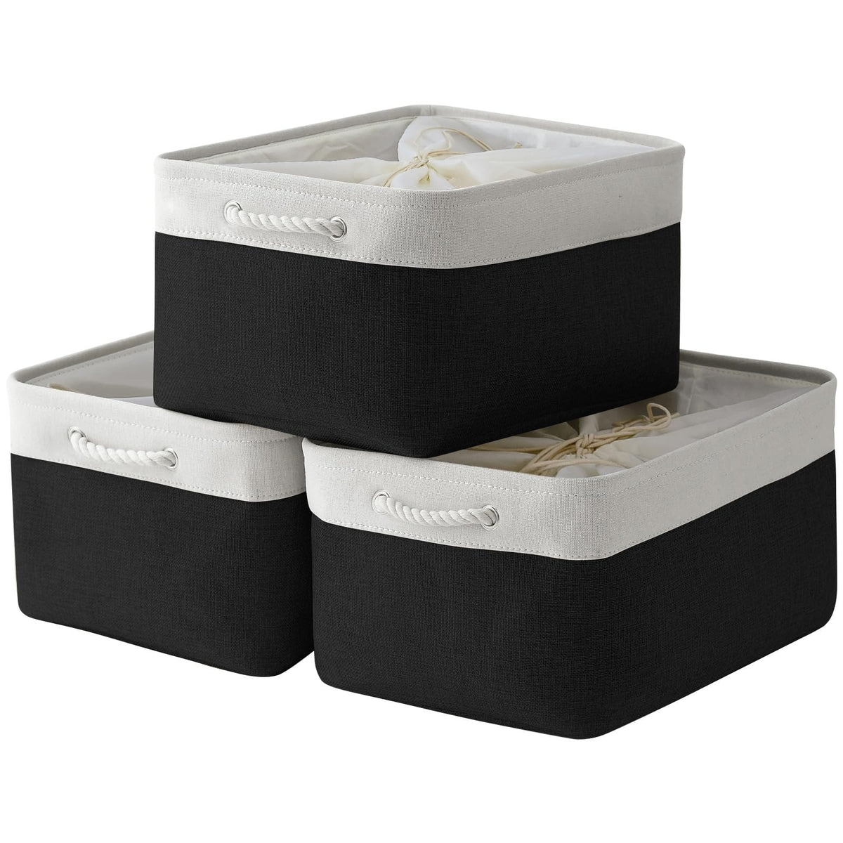 TheWarmHome Storage Basket for Organizing - 14x10x7 inch Medium 3 Pack Collapsible Storage Bin for Shelves with Handles, Canves Storage Box for Organizer Cubes Cloth Gift Toy Closet (White & Khaki)