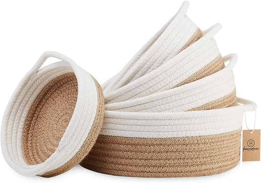 5-Piece Round Woven Cotton Rope Storage Baskets for Organizing, Small Shallow Nesting Set for Montessori Toys, Entryway Catchall, Fruit Bowl, Key Tray, Remote Holder, Nursery & Pet Toys