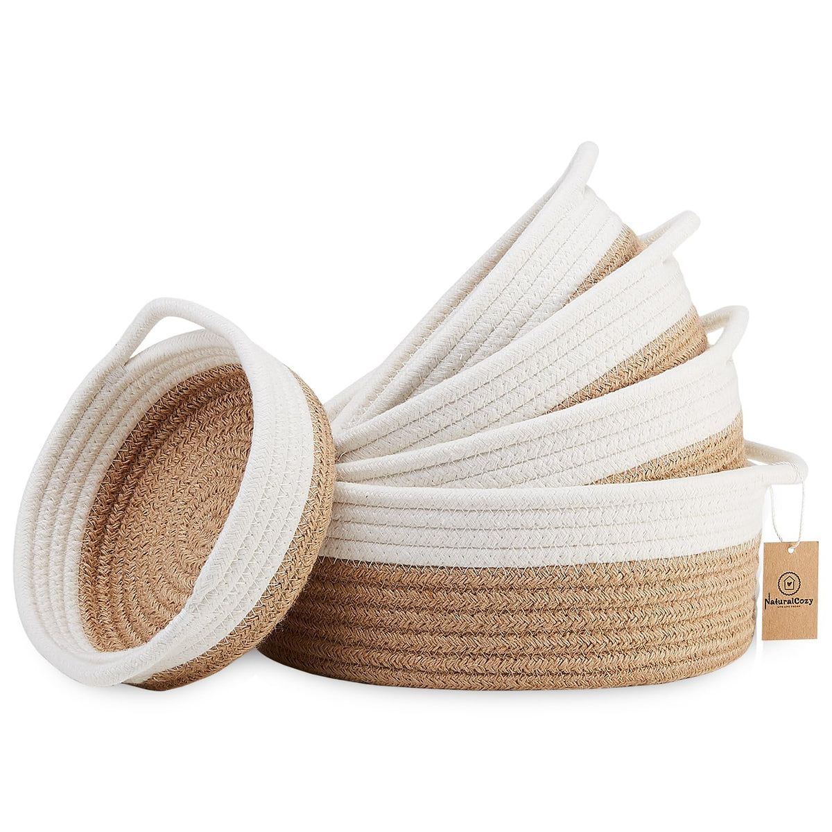 5-Piece Round Woven Cotton Rope Storage Baskets for Organizing, Small Shallow Nesting Set for Montessori Toys, Entryway Catchall, Fruit Bowl, Key Tray, Remote Holder, Nursery & Pet Toys