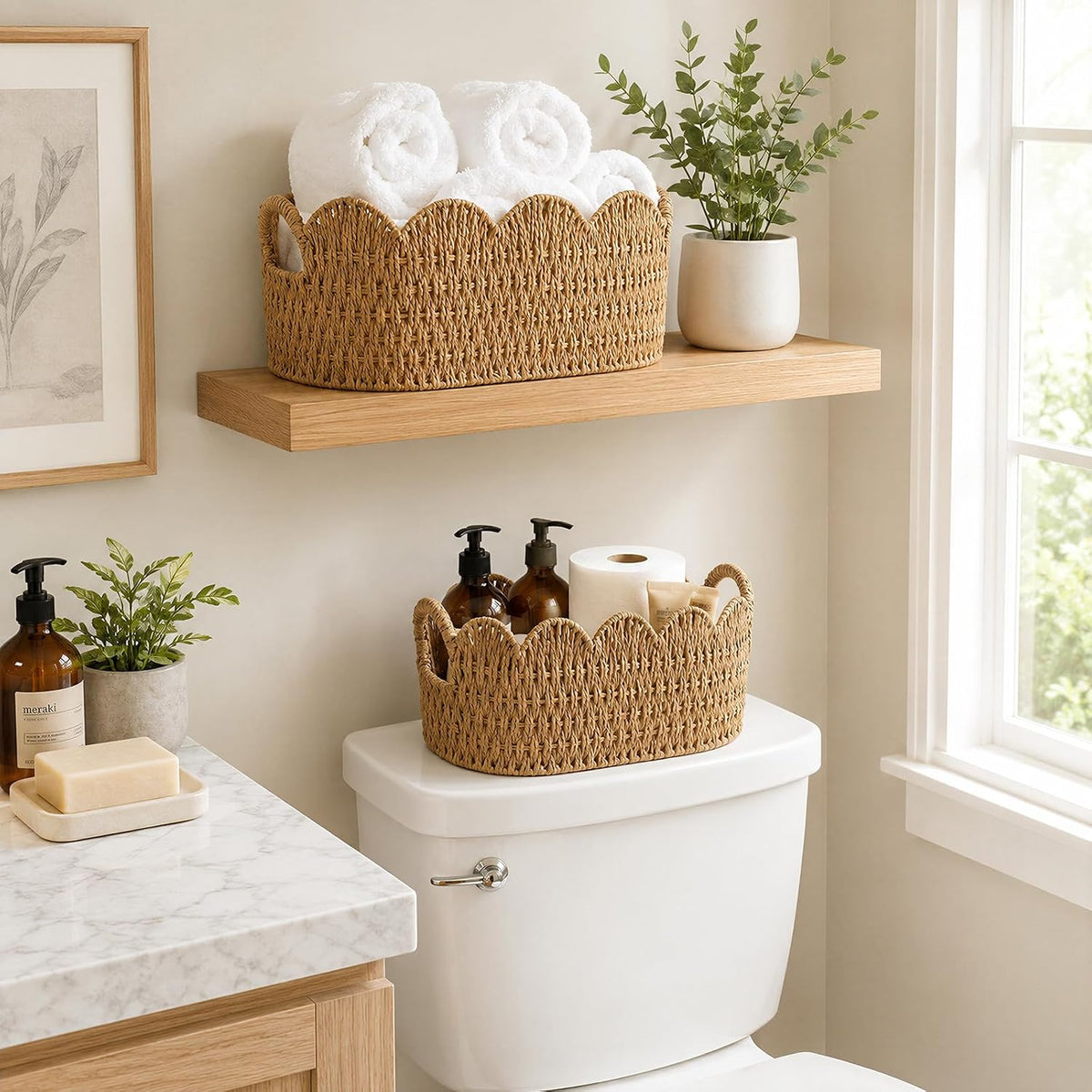 Endymion Set of 2 Paper Rope Scalloped Basket, Wicker Storage Baskets