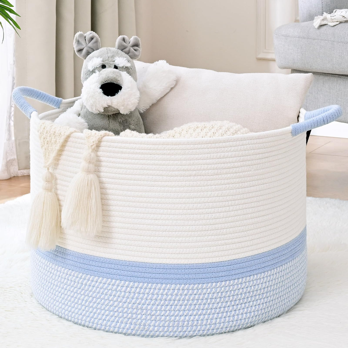 45L Blanket Basket, 17.5"x11.5" Woven Storage Baskets With Handle, Cotton Rope Blanket Basket Living Room, Baby Laundry Basket for Blanket, Nursery, Toy, Pillow (White & Brown)