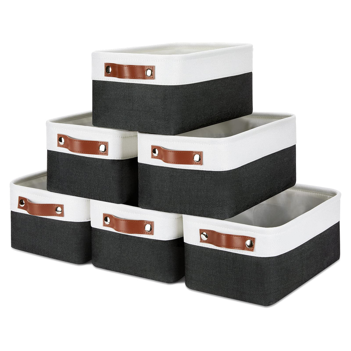 DULLEMELO Small Storage Bins, Storage Baskets for Organizing, Collapsible Rectangular Fabric Baskets for Shelves, Closets, Nursery, Home, Office, Empty Gift Baskets (6-Pack, White&Khaki)