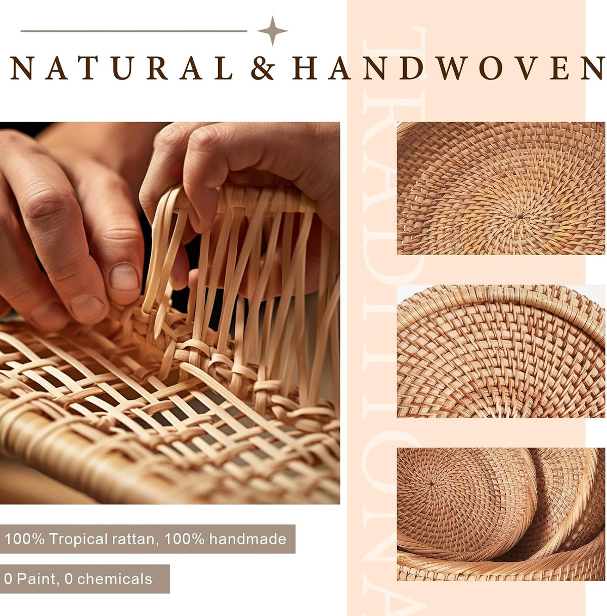 Handwoven Rattan Fruit Basket Set, Round Wicker Bread Baskets for Serving