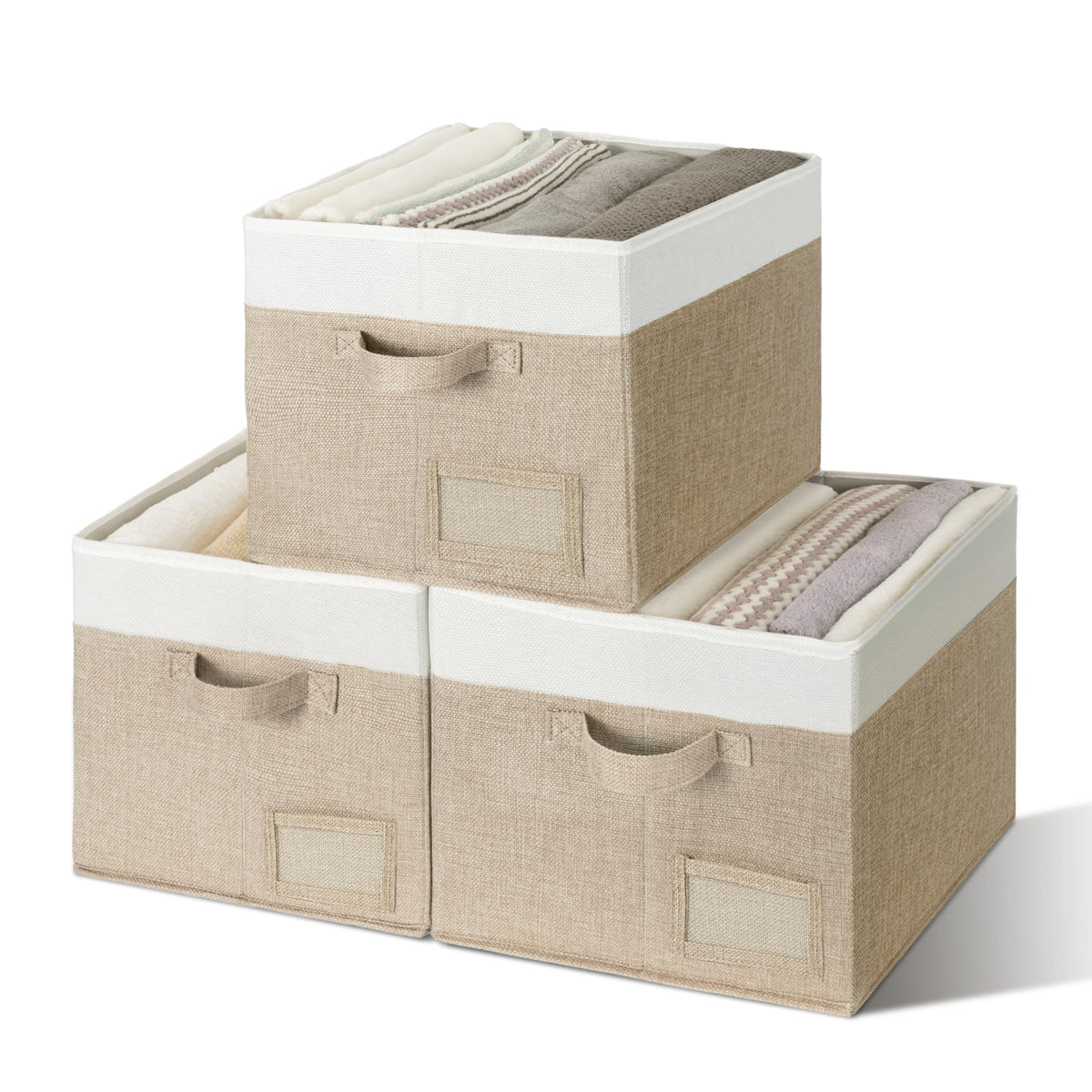 GRANNY SAYS Closet Shelf Baskets with Label, Khaki&Ivory, Large, 3-Pack