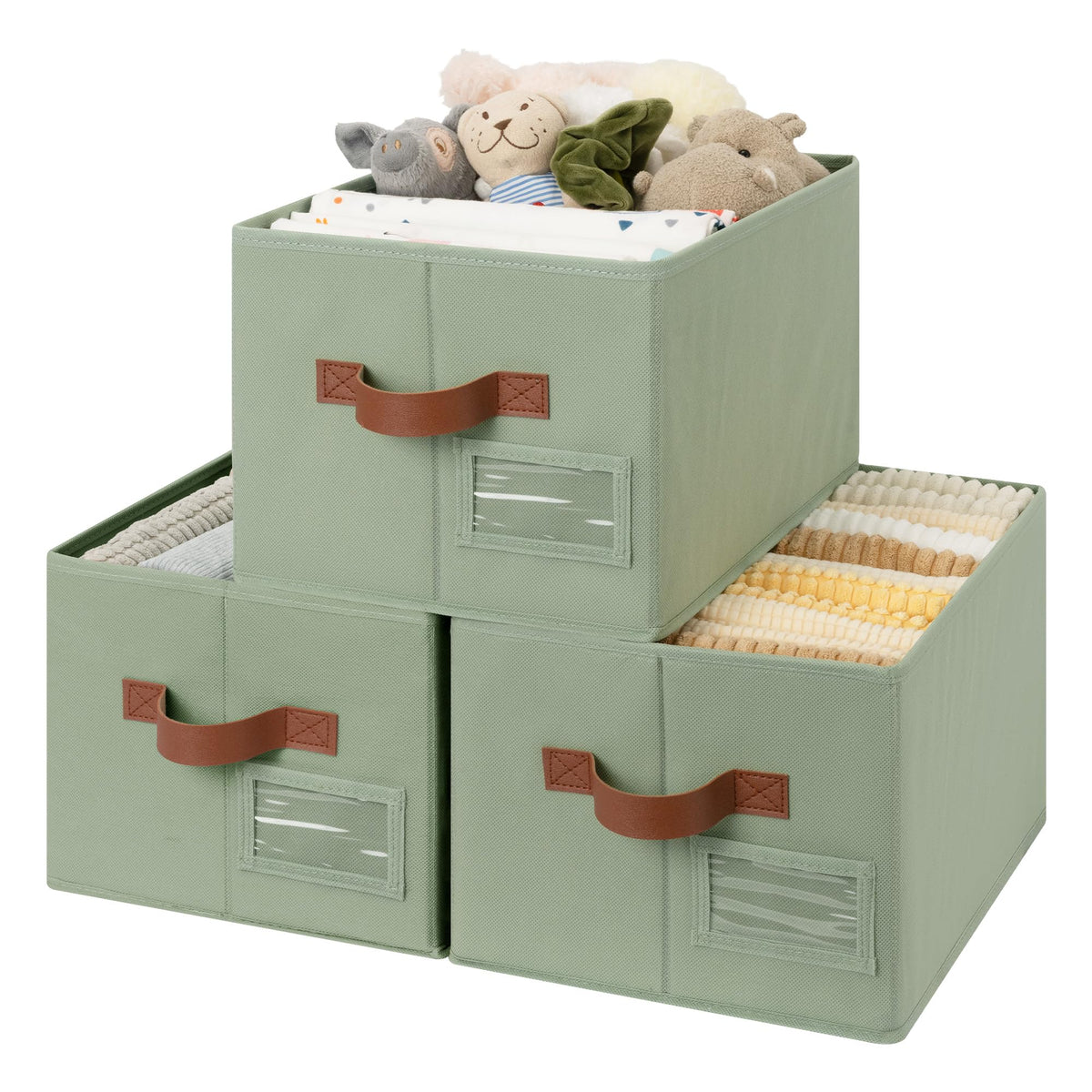 GRANNY SAYS Closet Shelf Baskets with Label, Khaki&Ivory, Large, 3-Pack