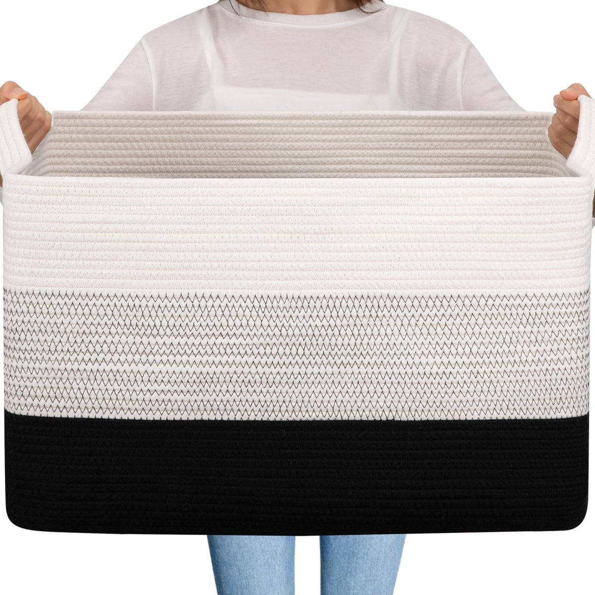 OIAHOMY Extra Large Blanket Basket, 110L Cotton Rope Woven Laundry Basket, Toy Bin for Baby Room, Container for Blanket Storage in Living Room, 24.8''×17.3''×15.8'', Gradient Grey