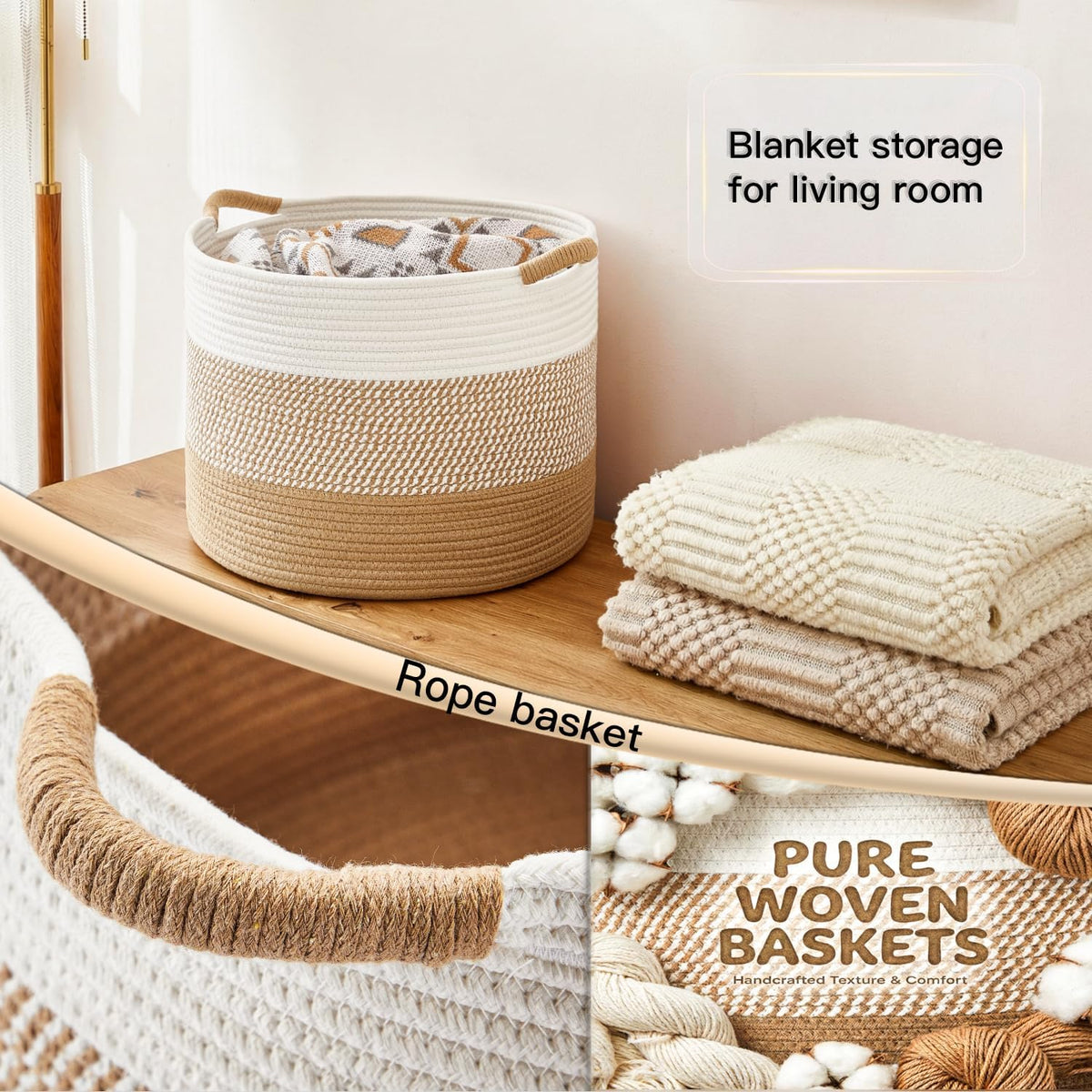Artfeel 40L Large Cotton Rope Basket, Decorative Woven Blanket Storage for Living Room, Boho Toy Storage & Toy Box for Kids, Versatile Laundry Basket & Nursery Hamper for Blankets(Brown)