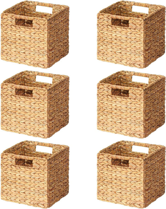 SpaceAid 6 Pack Wicker Basket, Storage Baskets for Organizing, Woven Rattan Basket with Handles for Shelves, Water Hyacinth Large Cube Organizer Storage Bin, 10.5x10.5x10.5 inch, Natural