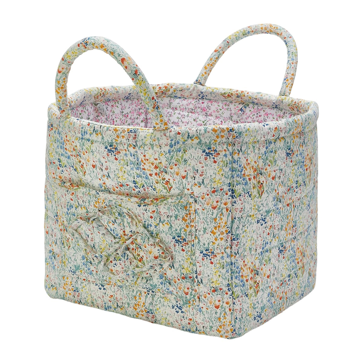Quilted Fabric Storage Basket with Handles & Pocket, Foldable Laundry Hamper Boho Floral Print Organizer Bin for Home, Picnic, Office 12"x10"x10" (B-2)