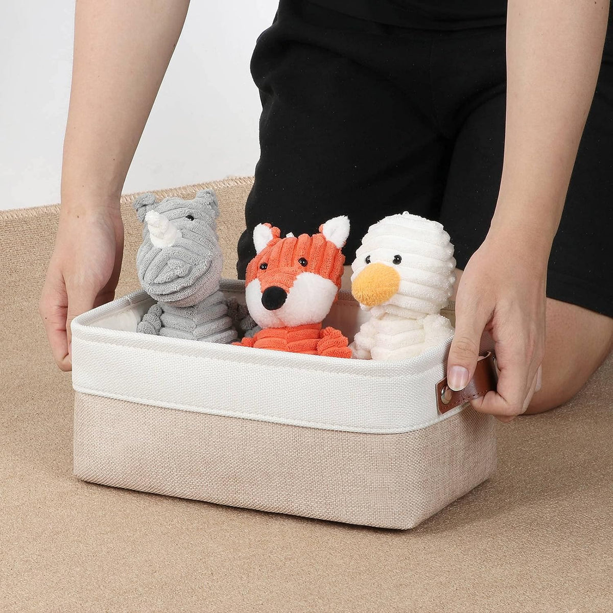 DULLEMELO Small Storage Bins, Storage Baskets for Organizing, Collapsible Rectangular Fabric Baskets for Shelves, Closets, Nursery, Home, Office, Empty Gift Baskets (6-Pack, White&Khaki)
