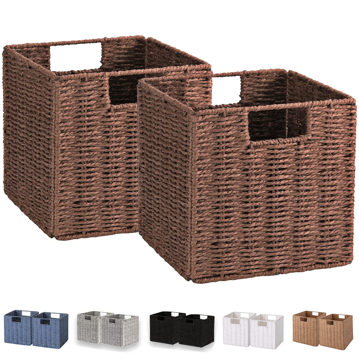 Vagusicc Wicker Basket, Set of 2 Hand-Woven Paper Rope Storage Baskets for Organizing, Foldable Cubby Storage Bins, 11 Inch Large Wicker Storage Basket, Square Baskets Cube Storage Organizer, Brown