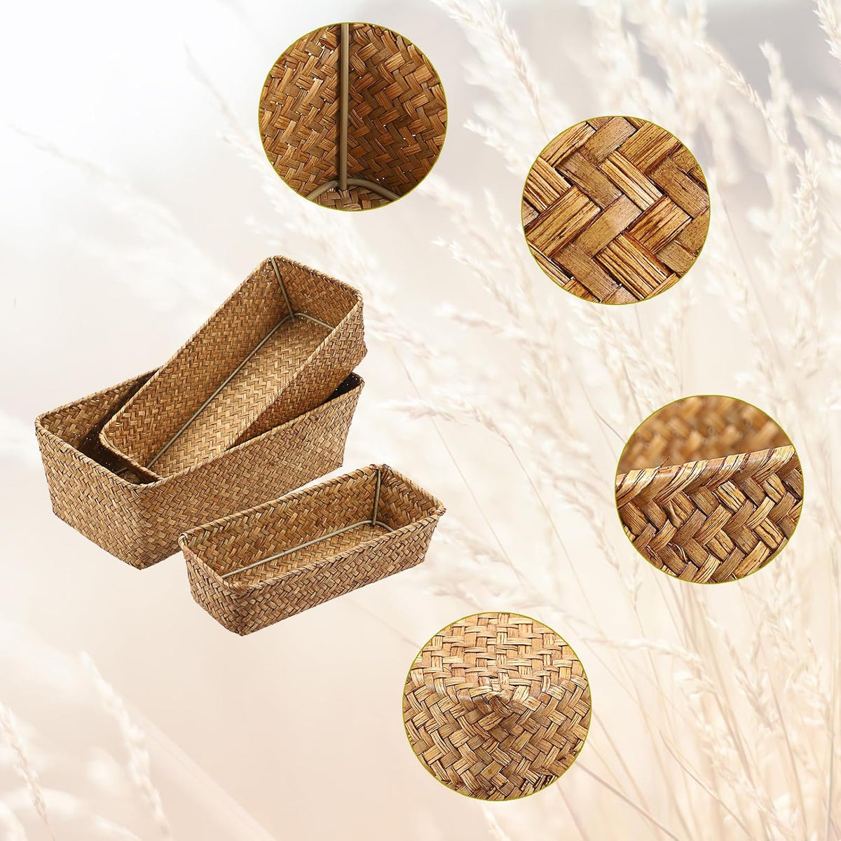 3 Natural Wicker Basket Set Rectangular Seagrass Basket, Caramel