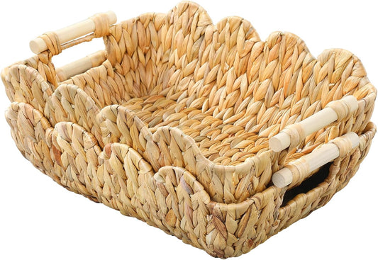 Coeusy 2 Pack Wicker Basket,Cute Scalloped Basket,Natural Water Hyacinth