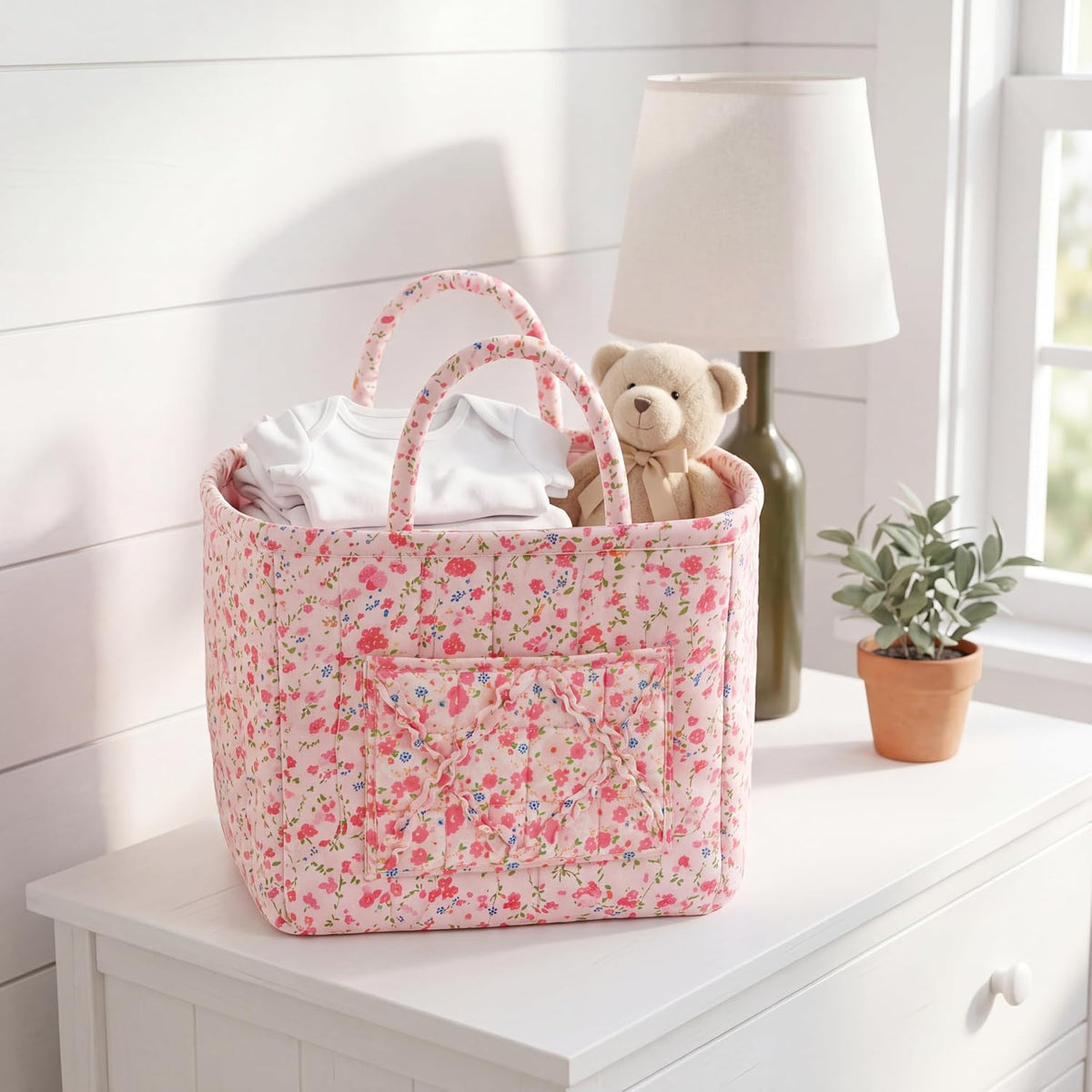 Quilted Laundry Basket with Handles—Multifunctional Fabric Storage Basket, Bohemian-Style Fabric Storage Basket with Handles, Suitable for Home, Picnics, the Office, and the Nursery (Red floral print)