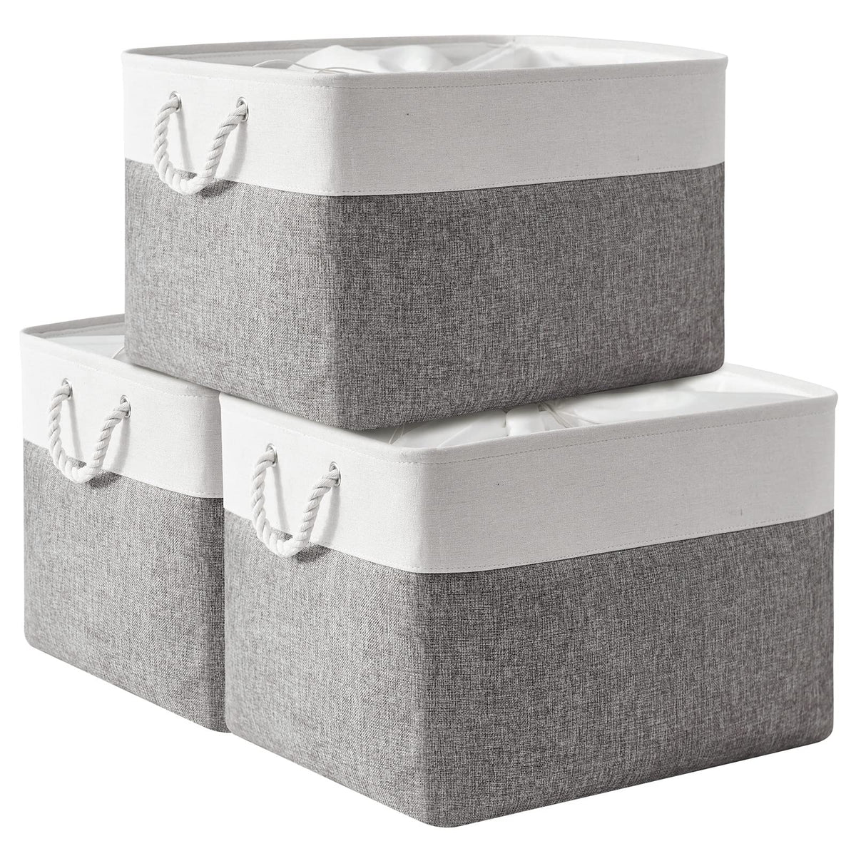 TheWarmHome Storage Basket for Organizing - 14x10x7 inch Medium 3 Pack Collapsible Storage Bin for Shelves with Handles, Canves Storage Box for Organizer Cubes Cloth Gift Toy Closet (White & Khaki)