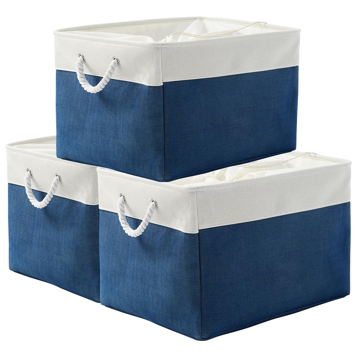 TheWarmHome Storage Basket for Organizing - 14x10x7 inch Medium 3 Pack Collapsible Storage Bin for Shelves with Handles, Canves Storage Box for Organizer Cubes Cloth Gift Toy Closet (White & Khaki)