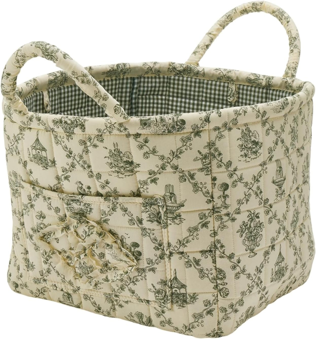 Quilted Fabric Storage Basket with Handles & Pocket, Foldable Laundry Hamper Boho Floral Print Organizer Bin for Home, Picnic, Office 12"x10"x10" (B-2)